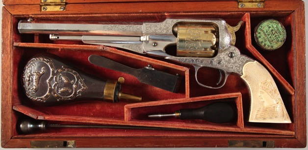 meadegun1864 This 1864 cased presentation New Model Army Revolver, manufactured by E. Remington & Sons and engraved by Louis D. Nimschke, belonged to U.S. Major General George G. Meade, who defeated Confederate General Robert E. Lee in the Battle of Gettysburg. (From the George Gamble Collection, Autry National Center)