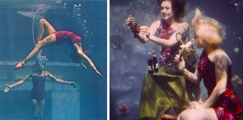 mermaids Mid-century aquamaids practicing their ballet moves, left, and underwater table manners, right.