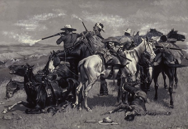 remingtonillo Illustrator Frederic Remington toured the Old West in 1881 just before it slipped away and created iconic images, such as this 1887 oil painting, "An Incident in the Opening Up of a Cattle Country." (From the Autry National Center)