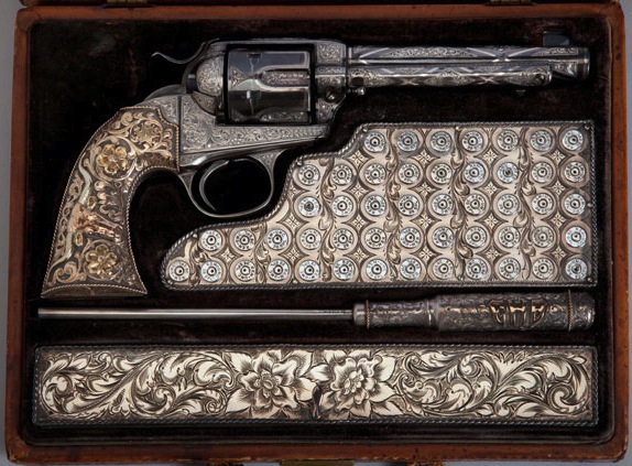 saacolt Saddlemaker Edward H. Bohlin owned this cased Bisley Model Single Action Army Revolver, manufactured by Colt’s Patent Fire Arms Manufacturing Company, circa 1903. He engraved it himself, and Gene Autry eventually bought this gun. (From the Autry National Center)