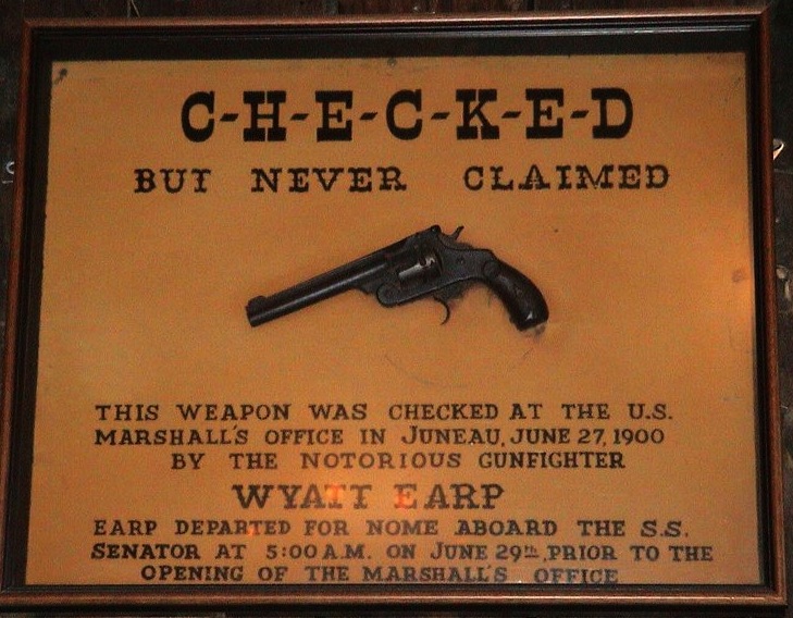 wyatt_earp gun On his way to Nome, Alaska, in 1900, Wyatt Earp checked his pistol at the U.S. marshal's office in Juneau, Alaska, but he failed to claim it. It's now on display at the Red Dog Saloon in Juneau. (Photo by Eric V. Blanchard, via WikiCommons)