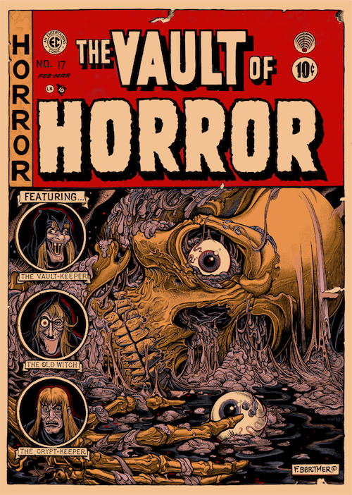 Mondo Florian Bertmer Florian Bertmer, a modern-day German illustrator from the hardcore punk and metal scene, gives his take on "The Vault of Horror" in a piece featured in Mondo's art show. (Courtesy of Mondo)