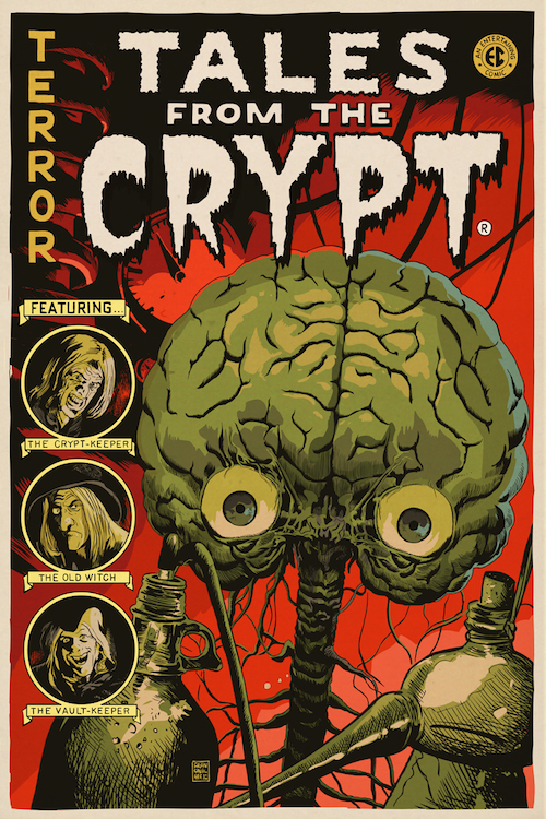 Mondo Francesco Francavilla Top: Even though he's retired, Jack Davis drew this image for Mondo of EC editor Bill Gaines holding a favorite treat, plantains, with his arm around the Crypt-Keeper. Above: Italian comic-book artist Francesco Francavilla pays tribute to "Tales From the Crypt." (Images courtesy of Mondo.)