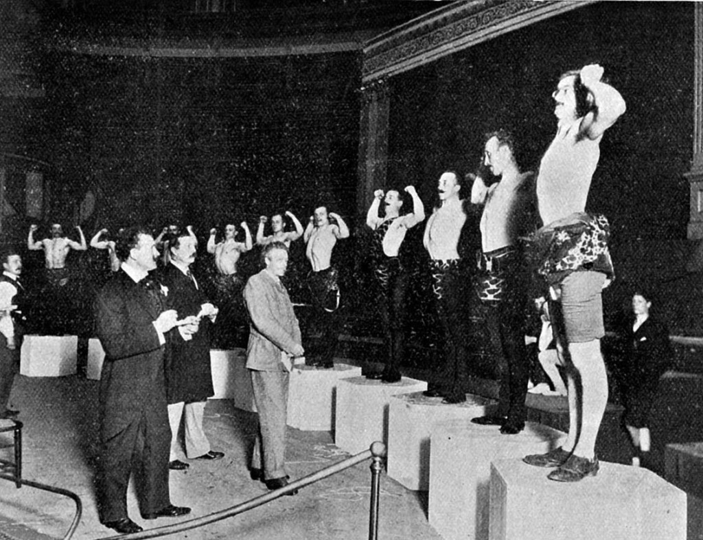 Sandow's-Great-Competition The contestant lineup for Sandow's Great Competition in 1901 at Royal Albert Hall.