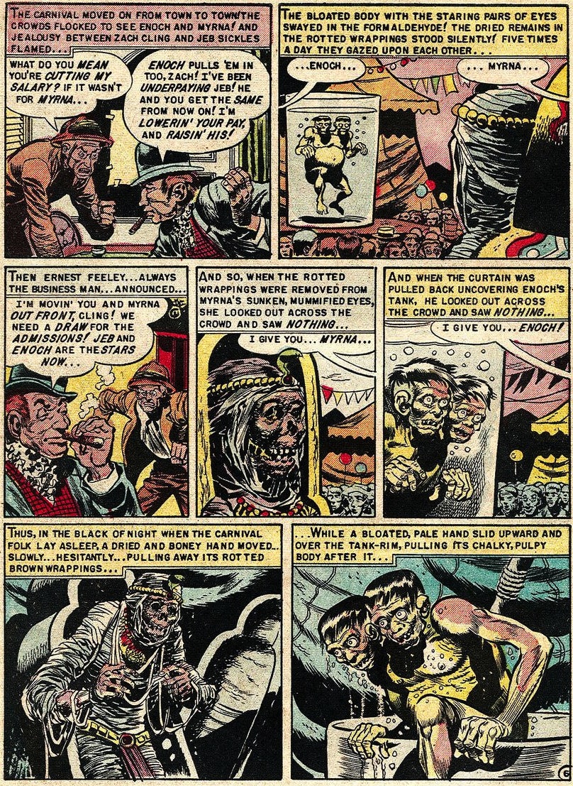 berth6b The Jack Davis-drawn story "Lower Berth!", appearing in the December 1952-January 1953 issue of "Tale From the Crypt," explains the origins of the Crypt-Keeper, who came about after two sideshow corpses fall in love. (Via HairyGreenEyeball.blogspot.com)