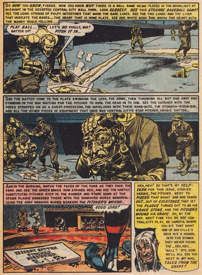 foulplay The final panels of "Foul Play!", a ghoulish Jack Davis-drawn revenge story from "The Haunt of Fear," which was cited in Frederic Werthem's "The Seduction of the Innocent" as a tale that could corrupt young minds. (Via BestHorrorComics.com)