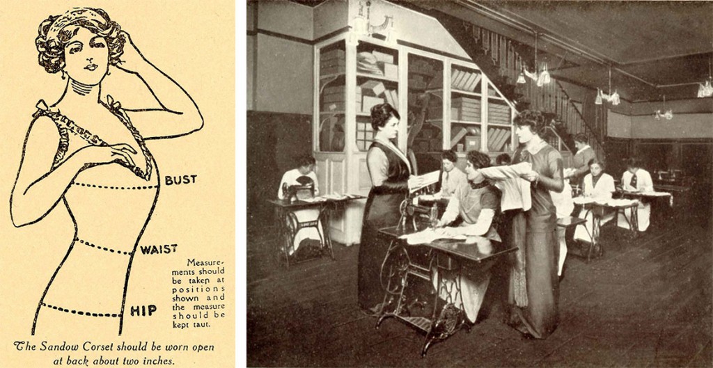 health-corset Left, part of an advertisement for Sandow's "health corset." Right, the corsets under production.
