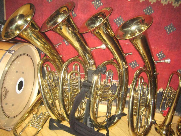 instruments Some of Zlatne Uste's oval euphoniums flanked by a flugelhorn on the right and a bobanj on the left. (Via the Zlatne Uste Facebook page)