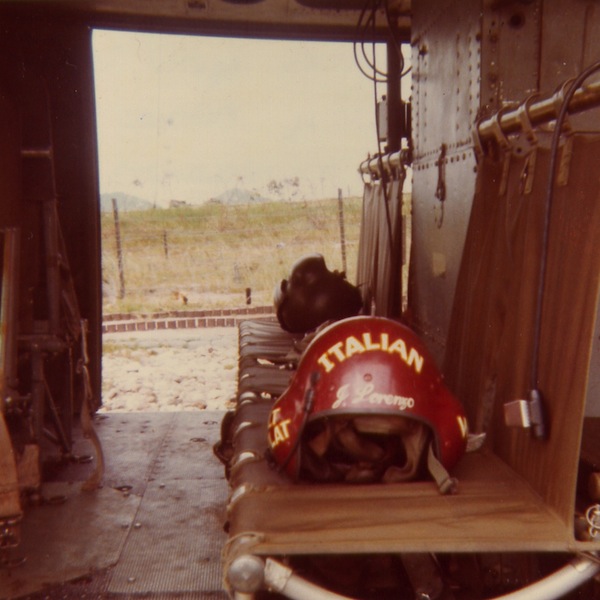 Crew Chief helmet Command aviation company Crew Chief Jim Lorenzo put his heritage on his helmet. It says "2nd Flt Plt" on the left and "gunship crew chief" on the right. (Courtesy of Jim Lorenzo, via John Jones, via VHPAMuseum.org)