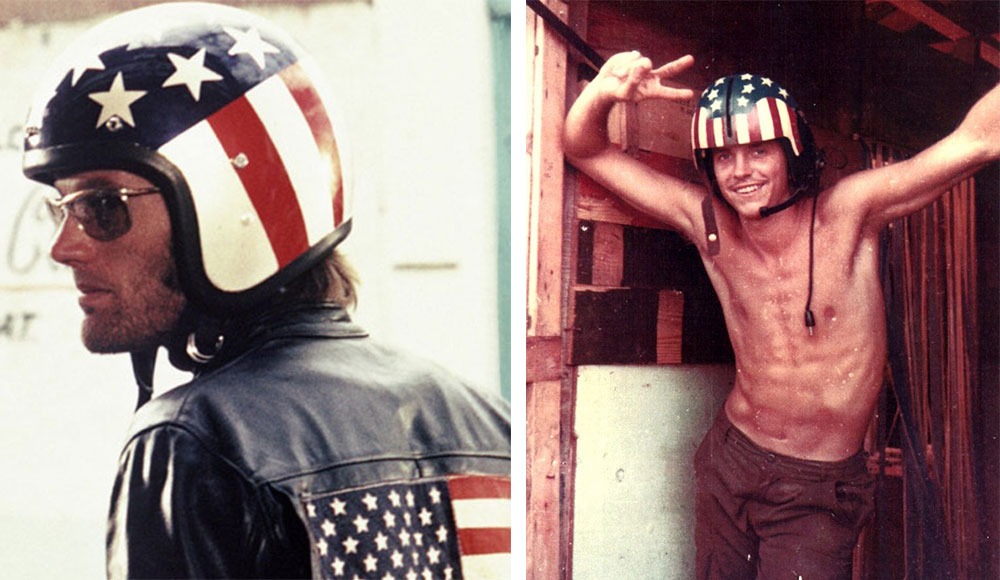 peter-fonda Counterculture hero and biker "Captain America," played by Peter Fonda in the 1969 film "Easy Rider," at left, wore a very patriotic helmet—a style that was popular with men manning helicopters in Vietnam, like Bill Blackburn, at right. (Courtesy of Blackburn, via Joe Stone, via VHPAMuseum.org)