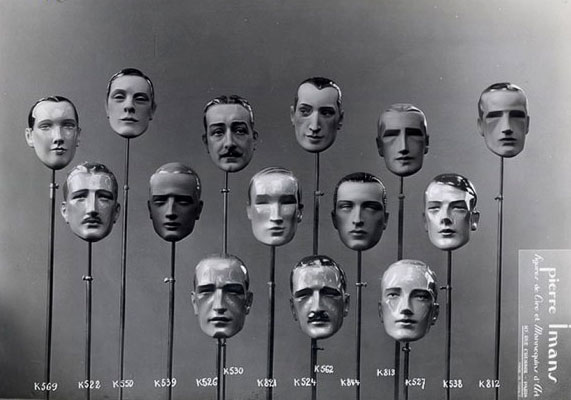 This selection of chiseled faces by Pierre Imans shows the limited range of emotion on male mannequins, circa 1930s.