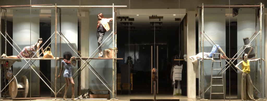 Morrisette prefers realistic mannequins in dynamic poses, which he mixes together for dynamic displays like this store window for the L.A. boutique Madison. Photo courtesy ChadMichael Morrisette.
