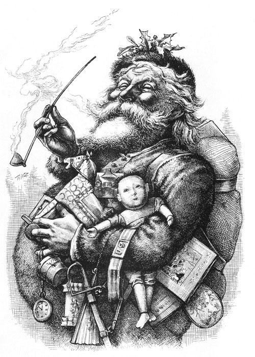 NastSanta Inspired by "’Twas the Night Before Christmas," magazine illustrator Thomas Nast drew a chubby Old St. Nick in 1863 and gave him the name "Santa Claus."