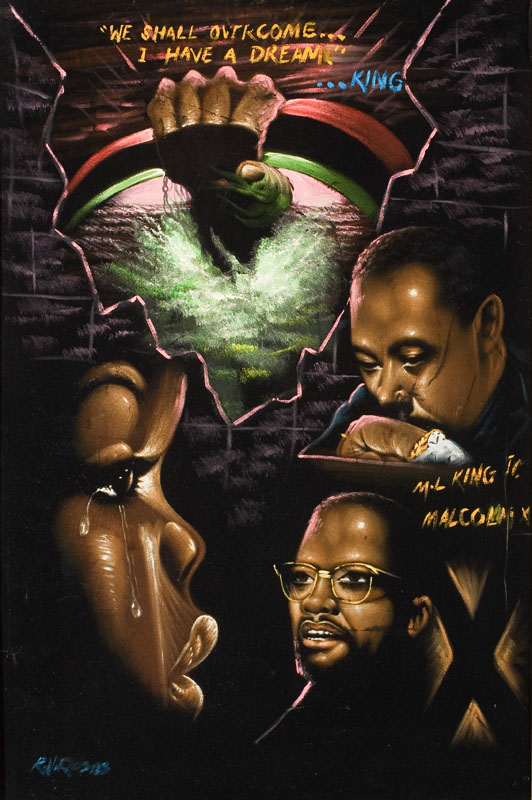 civilrights The struggles of the civil-rights movement and its leaders, including Martin Luther King Jr. and Malcolm X, were captured in velvet. (Photo by Scott Squire from "Black Velvet Art")