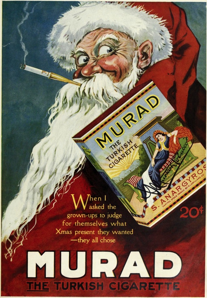 Muradsanta As early as 1919, American tobacco companies like Murad created ads showing Santa trading his pipe for cigarettes.