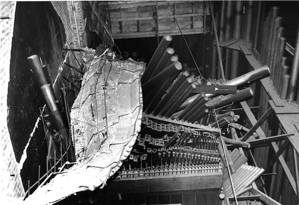 The 1989 Loma Prieta earthquake sent a wall of the Civic Auditorium crashing down on its pipes, baffles, and air box, all of which, by a cruel trick of fate, had only recently been restored. Photo: Charles Swisher.