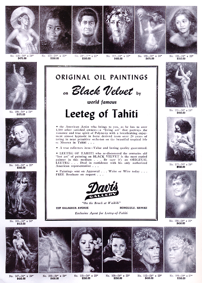 aloha An ad for Aloha Barney's Davis Gallery featuring velvet paintings from Leeteg of Tahiti. "Hina Rapa" can be seen in the top left corner. (Via MuseumofWonder.com)