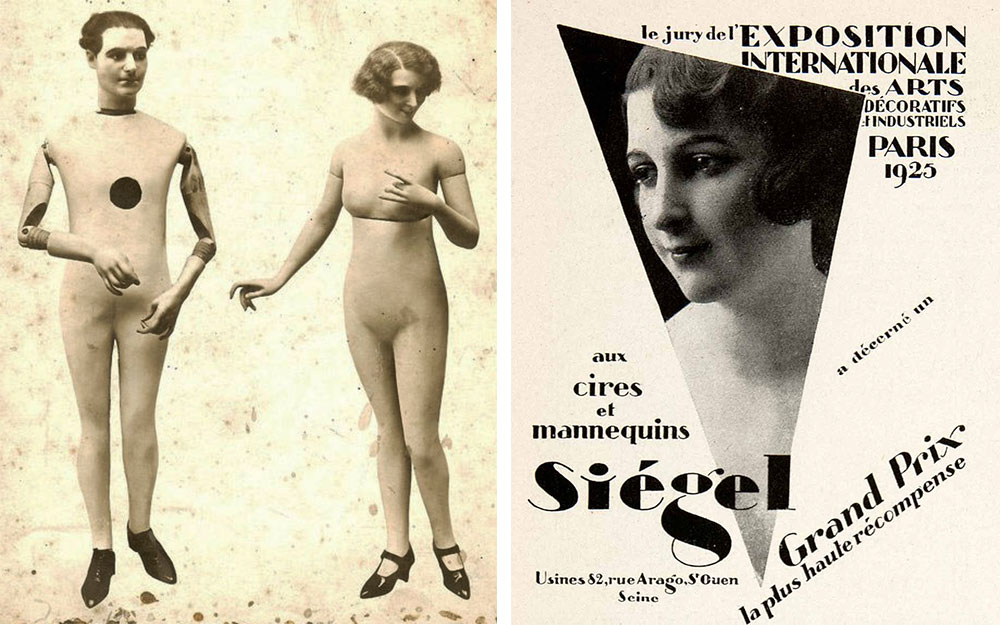 By the 1910s and '20s, mannequins often had articulated limbs, as seen with the La Rosa mannequins at left. Image via larosaitaly.com. Right, Siegel was one of the innovative producers that showed their work at the 1925 International Exposition of Decorative Arts in Paris.