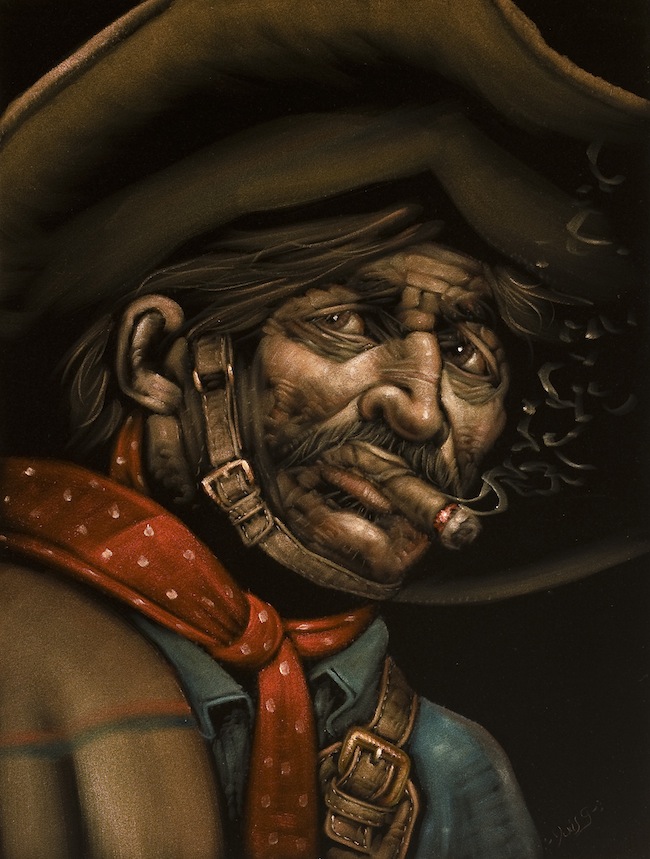 bandido Tijuana artist Jesus “Chuy” Gutierrez took a photo of a neighbor with a craggy face in the 1960s and painted him as a bandido. This image as been replicated and altered hundreds of times by Gutierrez and his copycats. (Photo by Scott Squire from "Black Velvet Art")