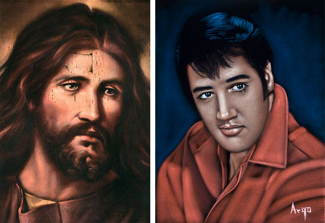 jesus-elvis Religious images have been painted on velvet since the Middle Ages. During the 20th century craze, Jesus was still the No. 1 figure seen on Mexican velvets, followed by Elvis, as seen on the painting at right by Argo. (Photos by Scott Squire from "Black Velvet Art")