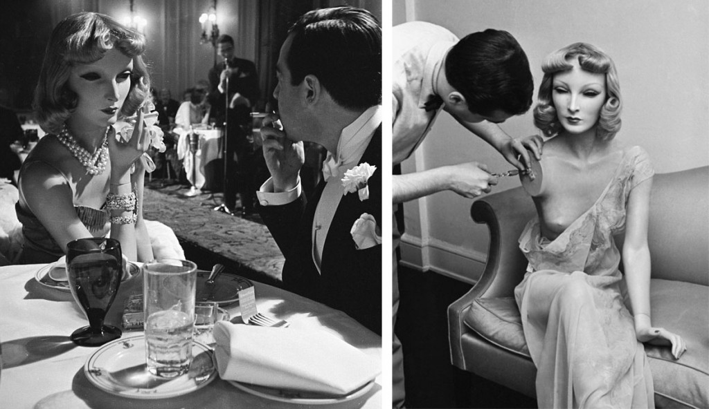 Left, Cynthia enjoys a cigarette with Lester Gaba at a New York City bar in 1937. Right, Gaba makes a small repair to Cynthia's body. Via www.time.com.