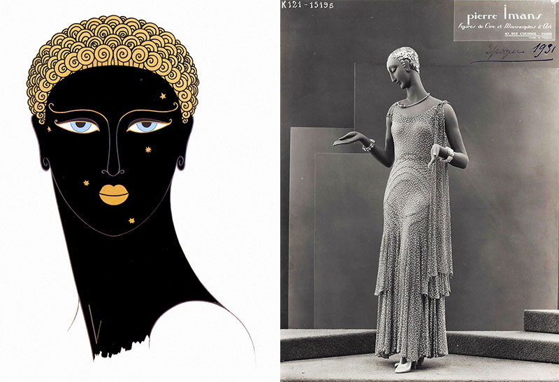 Left, an Erté illustration entitled “Queen of Sheba,” which was incorporated into a Pierre Imans mannequin designed to resemble Josephine Baker, seen at right. Photograph courtesy Marsha Bentley-Hale.