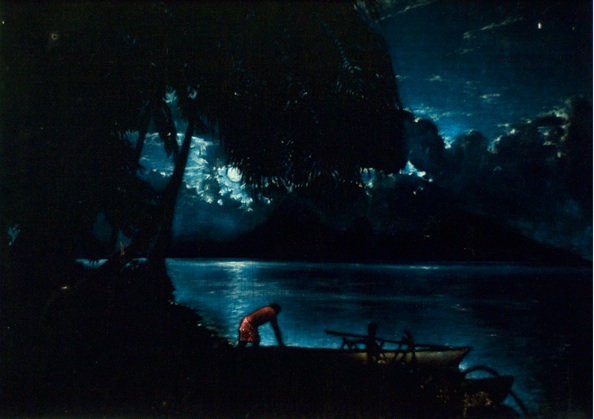 leeteg_nightscape A moonlit scene of a man and his canoe by Edgar Leeteg. (Courtesy of Brigham Young University Art Department Collection)