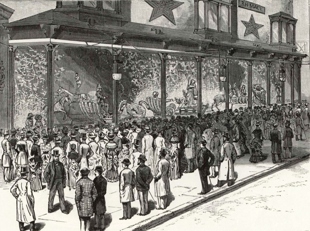 An early rendering of the decorative display at R.H. Macy's in New York City, circa 1884.