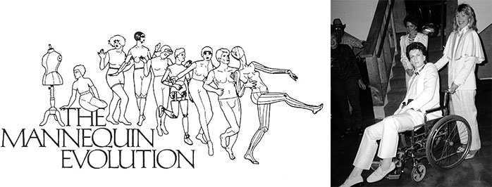 Left, in the 1980s, Bentley-Hale had this letterhead designed by Richard Carciero to showcase the historical shifts in mannequin forms. Right, Bentley-Hale followed in Gaba's footsteps and brought a tuxedo-clad mannequin as her date to a friend's Halloween party.