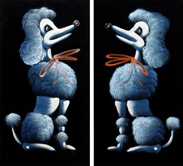 poodle To save time, Mexican velvet painters would often take a wet image and press it onto a fresh piece of velvet to create a lighter image to fill in. That's why so many velvet images have mirror images floating around, as you can see with these poodle paintings. (From the Velveteria collection in "Black Velvet Masterpieces")