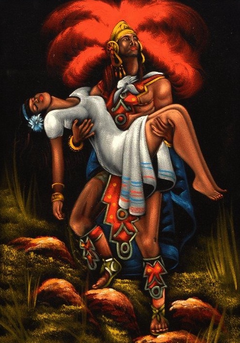 Aztec Today, Mexicans are more likely to buy velvet paintings of Aztec legends, like the star-crossed love story of Popocatépetl and Iztaccíhuatl. (From the Velveteria collection in "Black Velvet Masterpieces")