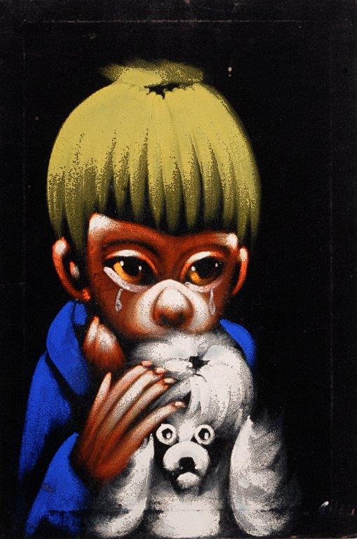 bigeyedboy Strange, alien-like children with huge eyes show up often on vintage velvets. (From the Velveteria collection in "Black Velvet Masterpieces")
