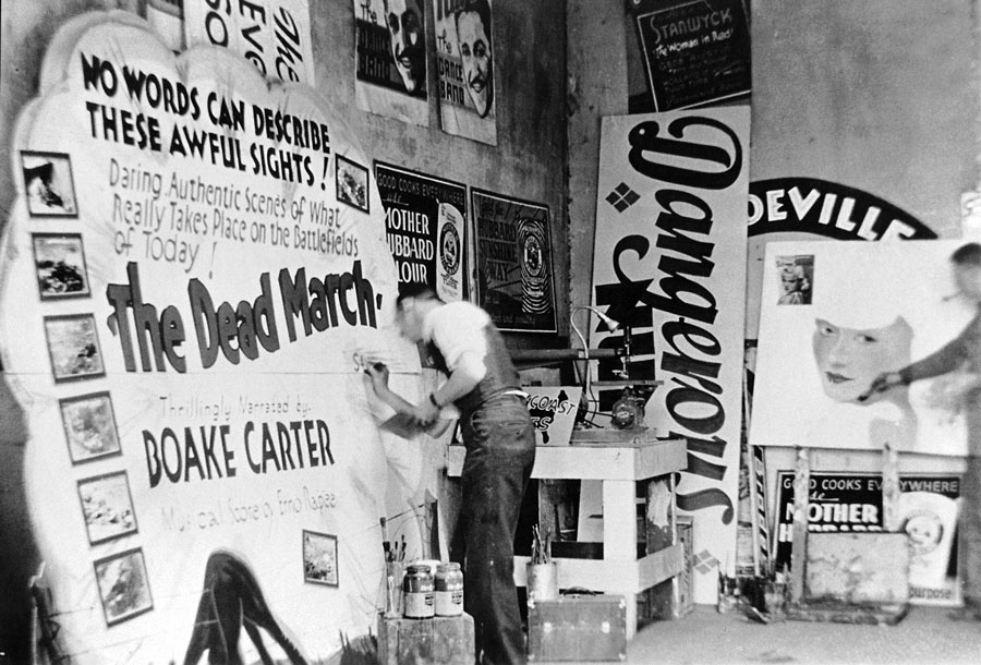 Painter Chauncey Curtis works on a silent film advertisement for a theater in Mankato, Minnesota, in the 1930s. Courtesy Faythe Levine and Sam Macon.