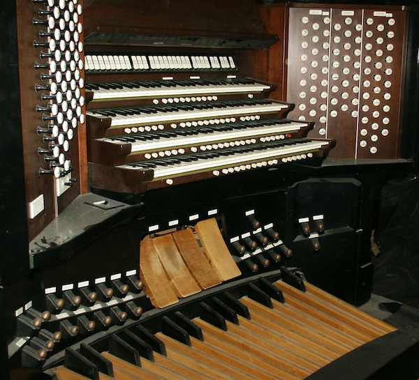 Also in storage in the organ's console, which replaced the original in 1963. It features four manuals or keyboards.