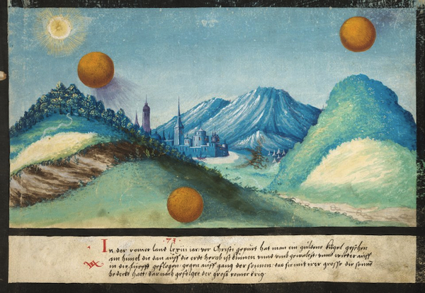 Fol23 "In the land of the Romans in the year 73 B.C., a golden ball was seen in the sky, which then came down to the Earth and rolled about and flew back up into the air again, in the direction of the rising sun, so that its great size covered up the sun completely. This was followed by the great Roman war."