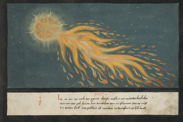 Fol34 The "Book of Miracles" includes 26 examples of comets, including this one: "In the year 1007 A.D., a wondrous comet appeared. It gave off fire and flames in all directions. As it fell to Earth it was seen in Germany and Italy."