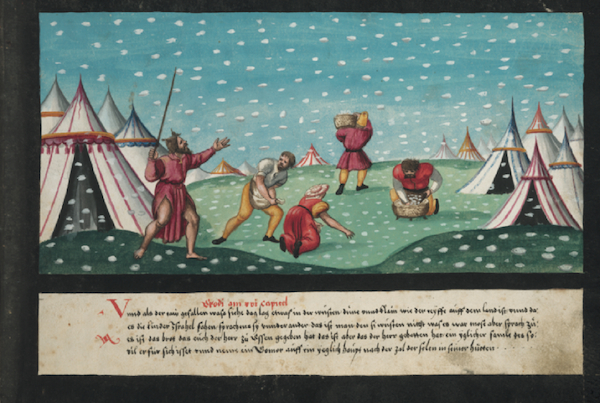 Fol6 A miracle from Exodus 16:14-16: "And when the dew had gone up, there was on the face of the wilderness a fine, flake-like thing, fine as frost on the ground. When the people of Israel saw it, they said to one another, “What is it?” For they did not know what it was. And Moses said to them, “It is the bread that the LORD has given you to eat. This is what the LORD has commanded: ‘Gather of it, each one of you, as much as he can eat. You shall each take an omer, according to the number of the persons that each of you has in his tent."
