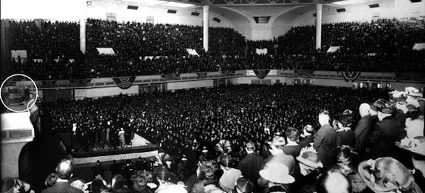 Lemare (in the circle at left) performing to a packed house in Civic Auditorium.