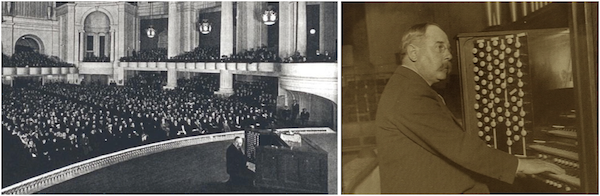 Above: In 1915, the great Edwin H. Lemare played the Exposition Organ to packed houses in Festival Hall. Top: Lemare beneath the organ's display pipes, the longest of which is 32 feet.