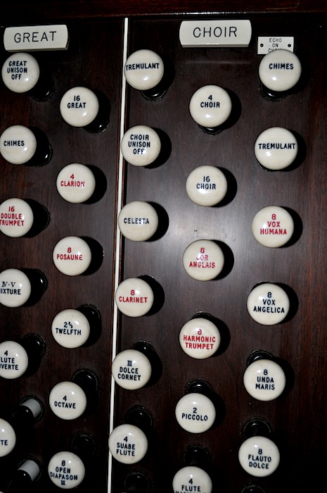 When the stops on Opus 500 are opened by pulling them out, air is allowed to flow through ranks, or groups, of pipes, which give the notes played by the organist different tones.