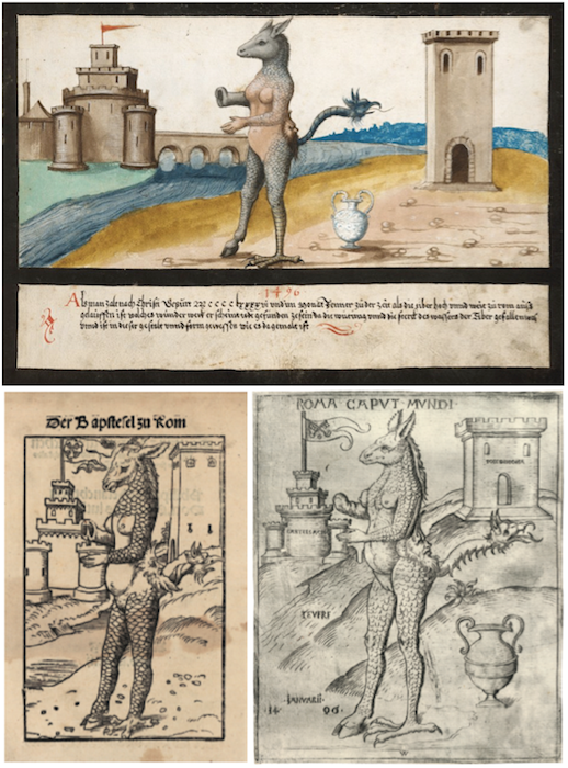 Fol90andSources Above: The depiction of the Tiber monster, which is said to have washed up on the banks of the Tiber river in Rome after a flood in 1496, has at least two contemporary sources. Top: "Miracles" ends with about 20 pages taken from the Book of Revelation, including chapter 13, verses 1-4.