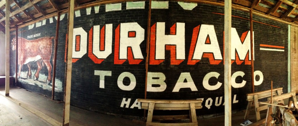 A well-preserved ghost sign for Bull Durham Tobacco from the late 19th century was recently discovered in Goliad, Texas. Photo by Molly Block.