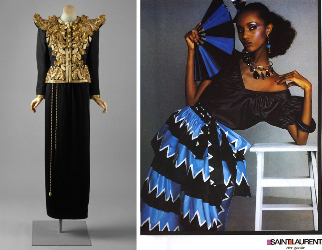 Left, this Yves Saint Laurent ensemble from 1980 raised the bar for bold shouler detailing. Via metmuseum.org. Right, Iman models for YSL's Rive Gauche line in 1980, which incorporated bright colors and excess fabrics just beneath the shoulder line.