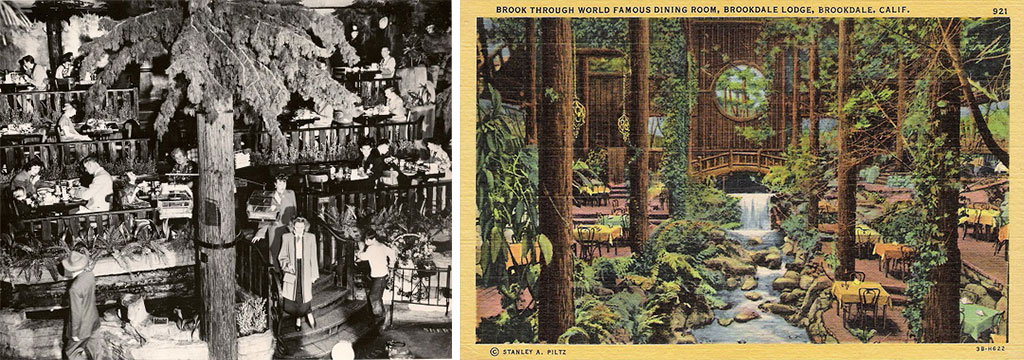 Clifton's forested dining room, left, was inspired by the grand hall at the Brookdale Lodge in Brookdale, California, where Clinton spent time as a boy.