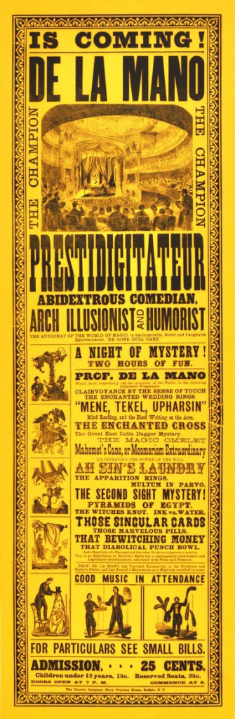 A circa-1877 broadside for De La Mano, the magician that mysteriously disappeared. Courtesy Zack Coutroulis.