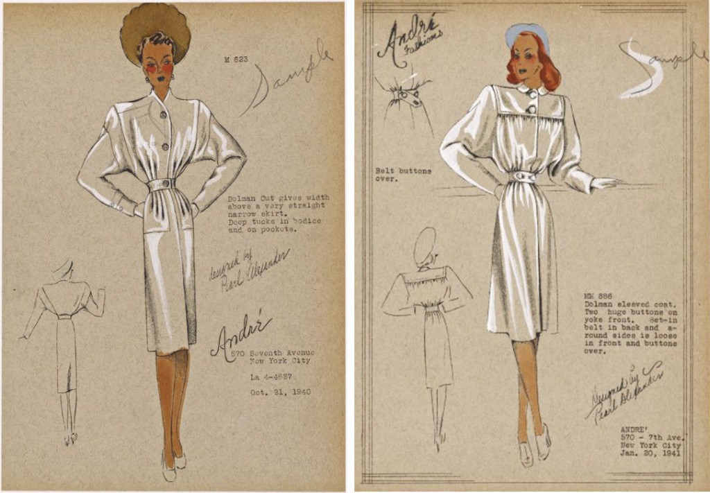 Two coat-dress illustrations for the André label show the stylish dolman sleeve and feature prominent buttons, circa 1941. Via nypl.org.