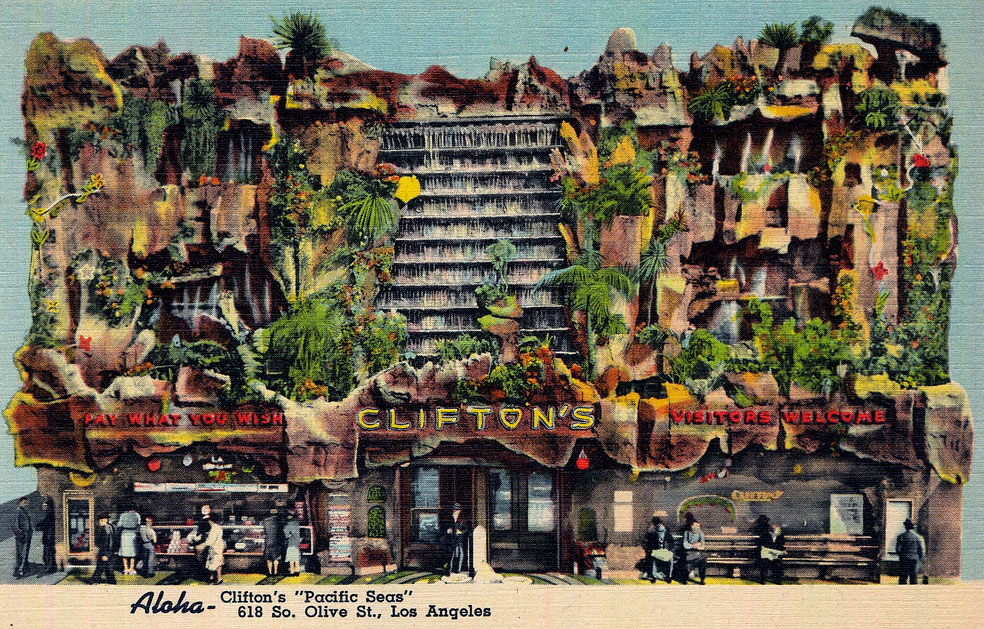 A late-1940s postcard shows the waterfall-facade of Clinton's Pacific Seas restaurant with its iconic signage.
