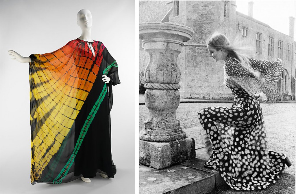 Left, a flaming tie-dye look by Halston, circa 1975. Via themetmuseum.org. Right, a model wearing an Ossie Clark dress in Vogue's July 1970 issue. Via vam.ac.uk.