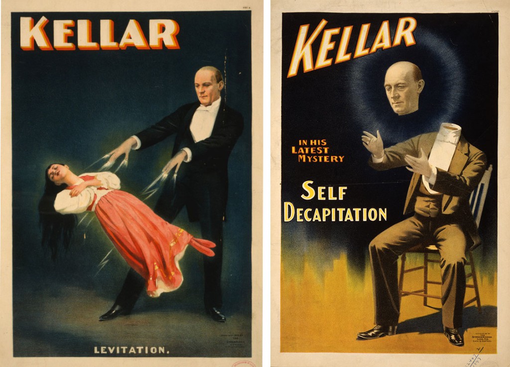 Two highly-dramatic posters depicting levitation and decapitation illusions by the infamous Kellar, circa 1894. Via wikipedia.org.