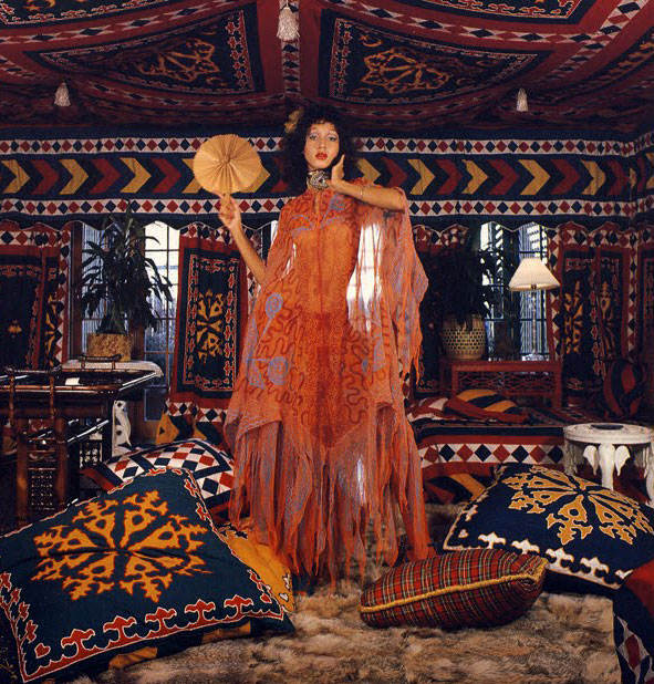 Model Pat Cleveland wears an ethereal chiffon caftan designed by Zandra Rhodes, circa 1973.